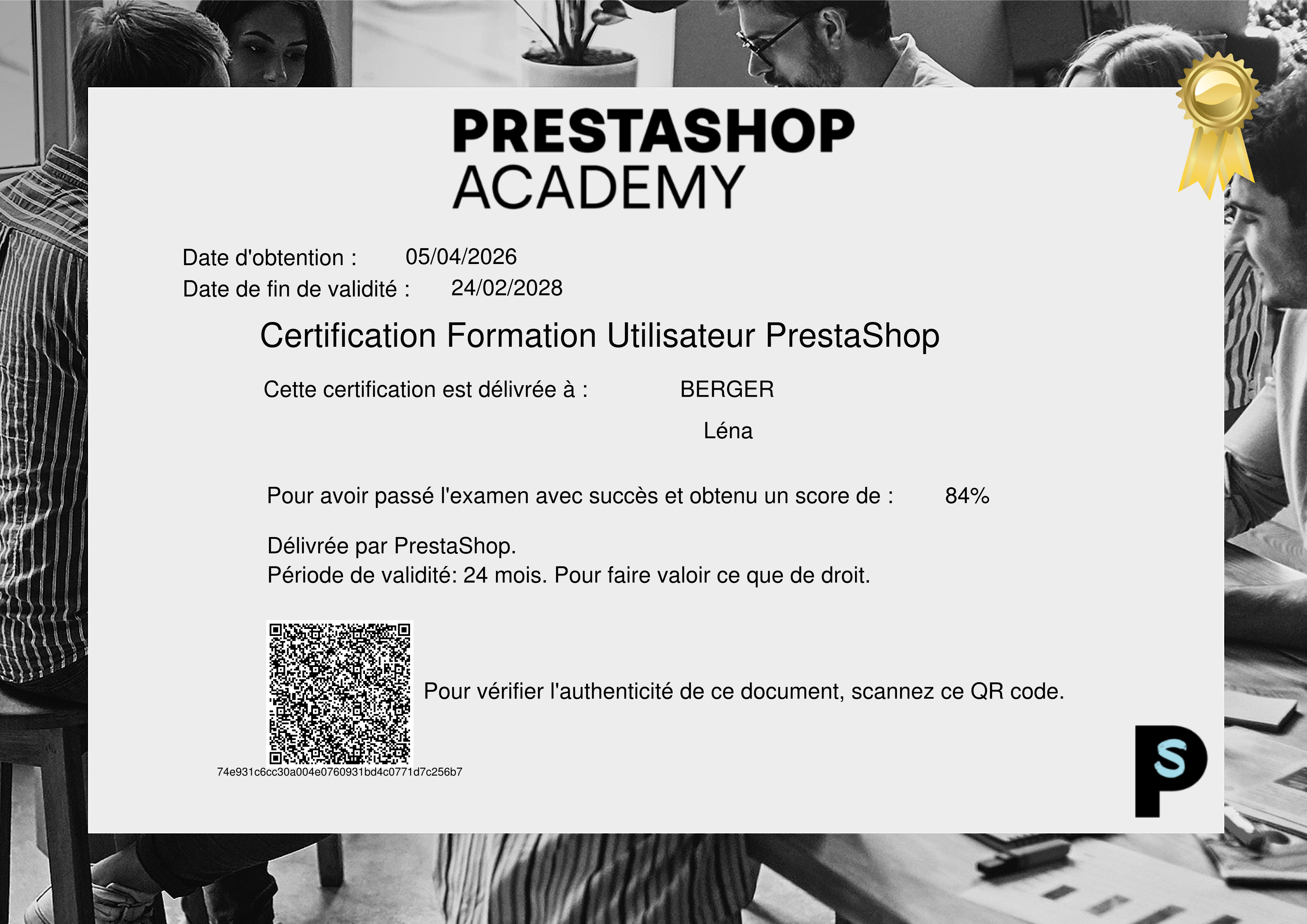 Certificat obtenu : 'Certification PrestaShop'  - sécurisé par evalbox.com